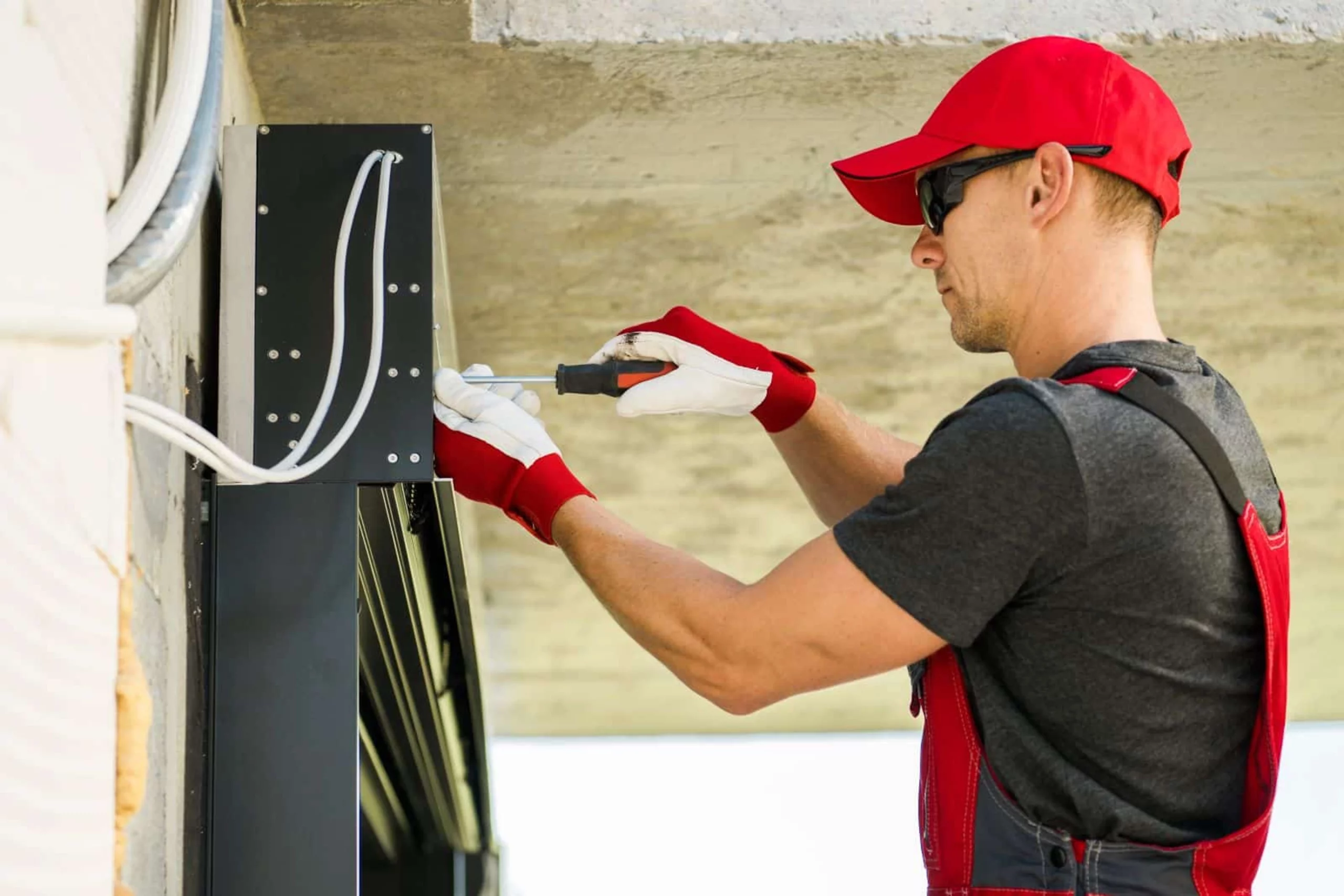 Technicien en train d'installer la motorisation d'un volet roulant